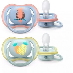 Set 2 suzete Philips-AVENT SCF085/12 Ultra Air, ortodontice, 0-6 luni, Papagal / Ananas