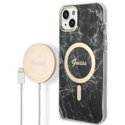 Husa Set Guess GUBPP14SHMEACSK Case+ Charger iPhone 14 6.1" black/black hard case Marble MagSafe
