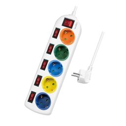 PRELUNGITOR LOGILINK, Schuko x 5, conectare prin Schuko (T), cablu 1.5 m, 16 A, protectie copii, alb/ multicolor, LPS258 (timbru verde 0.18 lei)