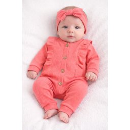 Salopeta bebe fetite bumbac rib roz coral cu nasturi si bentita set