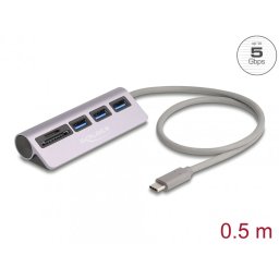 HUB USB type C 5Gbps la 3 x USB-A + cititor SD/Micro SD Argintiu, Delock 64292