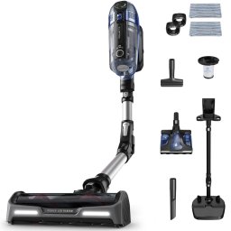 Aspirator vertical cu mop fara fir Rowenta X-Force Flex 14.60 Aqua RH99C3WO, 480W, 32.4V, autonomie 70 min, recipient praf 0.9 L, tub flexibil, perie cu LED, panou digital SmartControl, statie de incarcare cu suport accesorii, gri-albastru