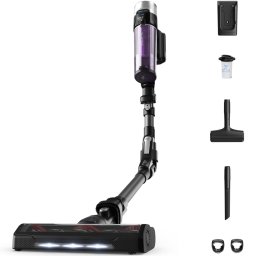 Aspirator vertical fara fir Rowenta X-Force Flex 9.60 Allergy RH2038WO, 250W, 18.5V, autonomie 45 min, filtrare 99.9%, recipient praf 0.44 L, tub flexibil, perie cu iluminare LED, panou SmartControl, suport de perete cu incarcare, violet & negru