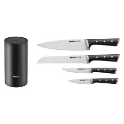 Set de 4 cutite cu suport Tefal Ice Force, cutite universale de 20 si 11 cm, cutit paine 20 cm, cutit curatare 9 cm, inox, compatibil cu masina de spalat vase, negru