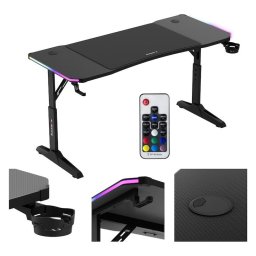 Birou gaming Huzaro, Hero 3.6, 140 x 60 x 56–79 cm, inclusiv mousepad 80 x 56,5 cm, 2 intrari pentru cabluri, Negru RGB