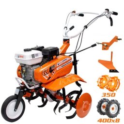 Motosapa pe benzina Ruris DAC 7000ACC2, putere 7 CP, 208 CC, 4 timpi, 2+1 viteze, adancime lucru 29 cm, latime lucru 83 cm, contine: freze + roti cauciuc + roti metalice + plug + adaptor