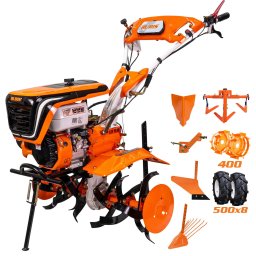 Motocultor pe benzina Ruris 732acc, putere maxim 8.5 CP, 208 CC, 4 timpi, 2+1 viteze, latime lucru 830 mm, adancime lucru 340 mm, contine: roti cauciuc 5.00-8+rarita+plug+adaptor+dispozitiv scos cartofi+roti metalice 400 fara manicot+cultivator