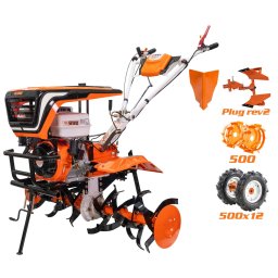 Motocultor pe benzina Ruris 915ACC, putere 15 CP, 420 CC, 4 timpi, 2+1 viteze, 110 cm latime lucru, 36 cm adancime lucru, contine: roti cauciuc + rarita + plug reversibil + roti metalice 500