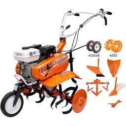 Motocultor pe benzina Ruris DAC 70002022acc3, putere 7 CP, 208 CC, 4 timpi, 2+1 viteze,83 cm latime lucru, contine: roti cauciuc + rarita + plug + adaptor + dispozitiv scos cartofi + roti metalice + cultivator
