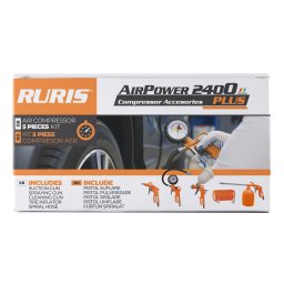 Kit accesorii Compresor Ruris AirPower2400plus (contine : pistol suflare, pistol pulverizare, pistol spalare, pistol umflare, furtun spiralat), Gri-Porocaliu