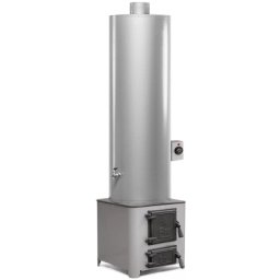 Ansamblu boiler pe lemne si electric 90 litri otel Miklos Steel, cu focar cu usi din fonta, rezistenta 2 kW