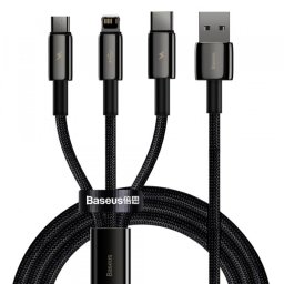 Cablu Incarcare USB-A - Lightning / microUSB / USB-C Baseus Tungsten Gold 3in1, 18W, 1.5m, Negru CAMLTWJ-01