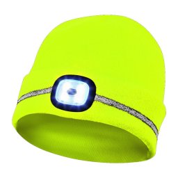700007, Caciula galbena cu banda reflectorizantă si LED, 4 niveluri de luminozitate, 60 de minute de functionare, LED detasabil si reincarcabil prin USB