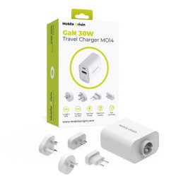 Incarcator de retea GaN 1xUSB-A + 1x USB-C PD QC UK/AUS/SUA/EU 30W Alb