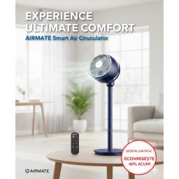 Ventilator cu Picior AIRMATE Turbo, Silentios 25 dB, 12 Trepte Viteza, Telecomanda, Oscilant, Inaltime Reglabila, Timer, Negru