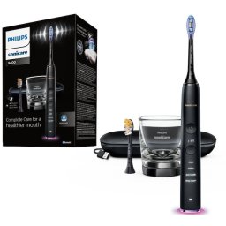 RESIGILAT Periuta de dinti electrica Philips Sonicare DiamondClean 9000 HX9917/89, 62000 miscari/minut, 4 moduri de curatare, 3 nivele intensitate, functia BrushSync, 2 baze de incarcare, 2 capete de periere, aplicatie Sonicare, Negru