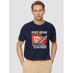 s.Oliver Tricou barbati cu imprimeu text Unleash your inner drive, croiala Regular Fit, Bleumarin inchis (SELECTATI MARIMEA: L)