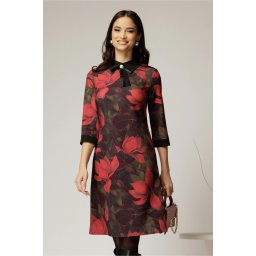 Rochie DY Fashion midi cu imprimeu negru si rosu cu guler tip camasa