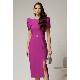 Rochie DY Fashion midi magenta de ocazie cu umeri bufanti si cordon detasabil