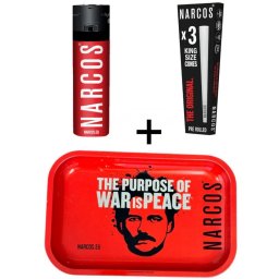 Narcos Set Bricheta rosu + Conuri pre-rulate King size albe x3 + Tava de rulat Pablo Escobar rosie 29 x 19cm (USA)