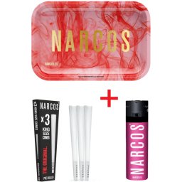 Narcos Set Tava de rulat Pablo Escobar roz 29 x 19cm + Conuri pre-rulate King size albe x3 + Bricheta roz