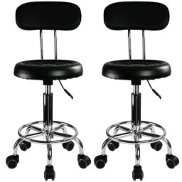 Set 2 bucati - Scaun hidraulic cu spatar si roti, Negru, Taburet rotativ, Pentru salon, Cosmetica, Manichiura, Pedichiura, Frizerie, Coafor, Cu suport pentru picioare