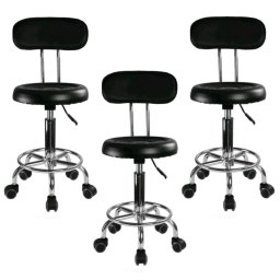 Set 3 bucati - Scaun hidraulic cu spatar si roti, Negru, Taburet rotativ, Pentru salon, Cosmetica, Manichiura, Pedichiura, Frizerie, Coafor, Cu suport pentru picioare