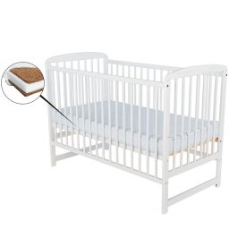 Babyneeds - Patut din lemn Ola 120x60 cm, Din lemn de pin, Stabil si rezistent, Inaltime saltea reglabila pe 3 nivele, Laterala cu 3 bete detasabile, EN716-1, EN716-2, Alb + Saltea 10 cm