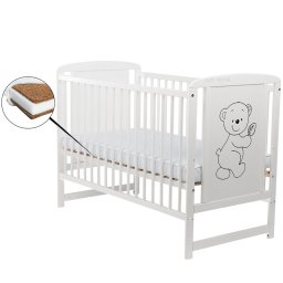 BabyNeeds - Patut din lemn Timmi 120x60 cm, Din lemn de pin si mdf, Stabil si rezistent, Inaltime saltea reglabila pe 3 nivele, Laterala cu 3 bete detasabile, EN716-1, EN716-2, Alb + Saltea 10 cm
