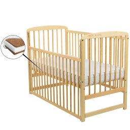 BabyNeeds - Patut din lemn Ola 120x60 cm, Cu laterala culisanta, Din lemn de pin, Stabil si rezistent, Inaltime saltea reglabila pe 3 nivele, Laterala cu 3 bete detasabile, EN716-1, EN716-2, Natur + Saltea 10 cm