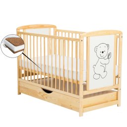 BabyNeeds - Patut din lemn Timmi 120x60 cm, Cu sertar cu capac, Din lemn de pin si mdf, Stabil si rezistent, Inaltime saltea reglabila pe 3 nivele, Laterala cu 3 bete detasabile, EN716-1, EN716-2, Natur + Saltea 10 cm
