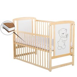 BabyNeeds - Patut din lemn Timmi 120x60 cm, Cu laterala culisanta, Din lemn de pin si mdf, Stabil si rezistent, Inaltime saltea reglabila pe 3 nivele, Laterala cu 3 bete detasabile, EN716-1, EN716-2, Natur + Saltea 12 cm