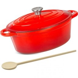 Oala de fonta emailata cu capac, ovala, maner din inox, lingura de lemn, rosie, 4.4 L, Magic Home