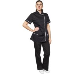 Tunica Medicala Dama Ema Premium, Maneca Scurta, Inchidere Capse, 2 Buzunare, Negru Bordura Alba, XL