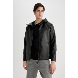 DEFACTO Slim Fit Faux Leather Jacket Coat Slim Cut Hooded Zippered Pocket Seasonal