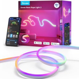 Smart LED lenta Govee Neon Rope Light 2 RGBIC H61D5301, 48 W, 5 m, 173 lm, Bluetooth, Wi-Fi, Matter, Timer, Autoadeziva, 420 diode, 11 moduri muzicale, Alb