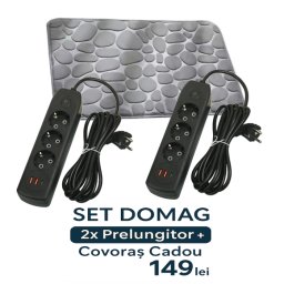 Set DOMAG , 2x Prelungitor 3m 3 Prize + 2 USB cu Intrerupator + Covoras ultra-absorbant gri, model pietre