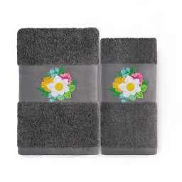 Set 2 Prosoape baie Brodate Alb/Gri cu broderie color, Model Floral3, bumbac 100%