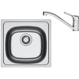 Pachet chiuveta bucatarie inox Franke SKL 610, dreptunghiulara, 1 cuva, 45.5x43.5x15 cm, adancime cuva 15 cm + Baterie Basic Crom, rotatie pipa 360°, discuri ceramice, furtunuri flexibile inox, Inox dekor, 101.0729.878