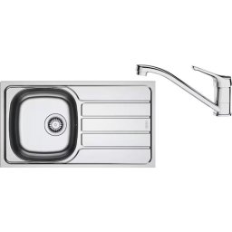 Pachet chiuveta bucatarie inox Franke SKL 611-78/44 DR, dreptunghiulara, 1 cuva si picurator pe partea dreapta, 78x43.5x15 cm, adancime cuva 15 cm + Baterie Basic Crom, discuri ceramice, furtunuri flexibile inox, Inox dekor, 101.0737.710