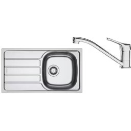 Pachet chiuveta bucatarie inox Franke SKL 611-78/44 ST, dreptunghiulara, 1 cuva si picurator pe partea stanga, 78x43.5x15 cm, adancime cuva 15 cm + Baterie Basic Crom, rotatie pipa 360°, discuri ceramice, furtunuri flexibile inox, Inox dekor ,101.0737.73