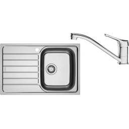 Pachet chiuveta bucatarie inox Franke SKX 611-78/50 ST, dreptunghiulara, 1 cuva si picurator pe partea stanga, 78x50x15 cm, adancime cuva 15 cm + Baterie Basic Crom, rotatie pipa 360°, discuri ceramice, furtunuri flexibile inox, Inox lucios, 101.0737.734