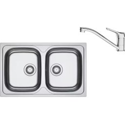 Pachet chiuveta bucatarie inox Franke SKL 620-80, dreptunghiulara, 2 cuve, 80x50x14 cm, adancime cuva 14 cm + Baterie Basic Crom, rotatie pipa 360°, discuri ceramice, furtunuri flexibile inox, Inox dekor, 101.0737.704