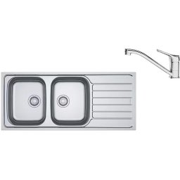 Pachet chiuveta bucatarie inox Franke SKX 621DR, dreptunghiulara, 2 cuve si picurator pe partea dreapta, 116x50x14 cm, adancime cuva 14 cm + Baterie Basic Crom, rotatie pipa 360°, discuri ceramice, furtunuri flexibile inox, Inox lucios, 101.0737.707