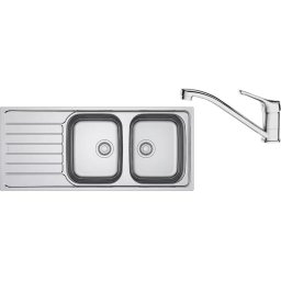 Pachet chiuveta bucatarie inox Franke SKL 620 ST, dreptunghiulara, 2 cuva si picurator pe partea stanga, 116x50x14 cm, adancime cuva 14 cm + Baterie Basic Crom, rotatie pipa 360°, discuri ceramice, furtunuri flexibile inox, Inox dekor, 101.0737.706