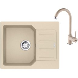 Pachet chiuveta bucatarie compozit fragranite Franke UCG 611-62, dreptunghiulara, 1 cuva cu picurator, 62x50x19 cm, adancime cuva 19 cm + Baterie Pola, rotatie pipa 360°, discuri ceramice, furtunuri flexibile inox, Avena, 114.0737.130
