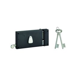 Broască aplicată orizontală cu cheie, pentru ușă de intrare, 4 caneluri si maner de tragere, dreapta, ax 70mm, 140x82mm