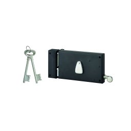 Broască aplicată orizontală cu cheie, pentru ușă de intrare, 4 caneluri si maner de tragere, stânga, ax 70mm, 140x82mm