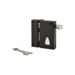 Broască aplicată verticala, cu 6 caneluri si maner tragator pentru ușă de intrare, stânga, ax 45mm, pătrat 7mm, 75x130mm