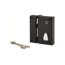 Broască aplicată verticala, cu profil de cheie, 6 caneluri și tija, pentru ușă de intrare, stânga, ax 45mm, pătrat 7mm, 75x130mm
